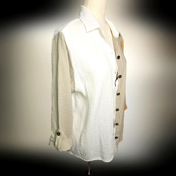 Shannon Passero Colorblock Button Up Gauzy 100% Cotton Shirt.  Tan Cream.  Lg - Picture 1 of 13